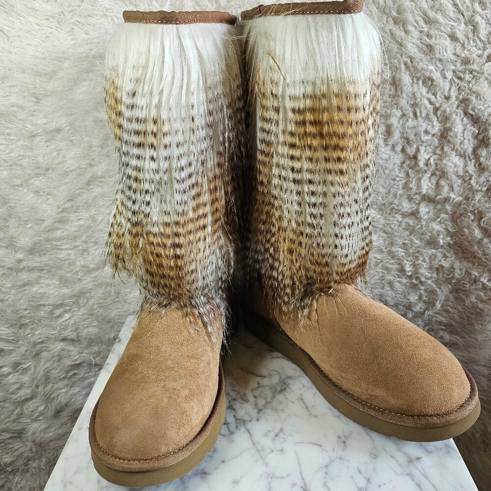 AUMU Women's Tan Faux Fur Boot Furry Fluffy Short Snow Boot Sheep Insole US 12